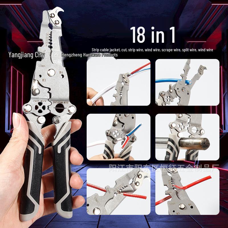 Versatile Electrician's Folding Stripping Pliers with Hook Blade for Cutting, Crimping, and Wire Splitting.