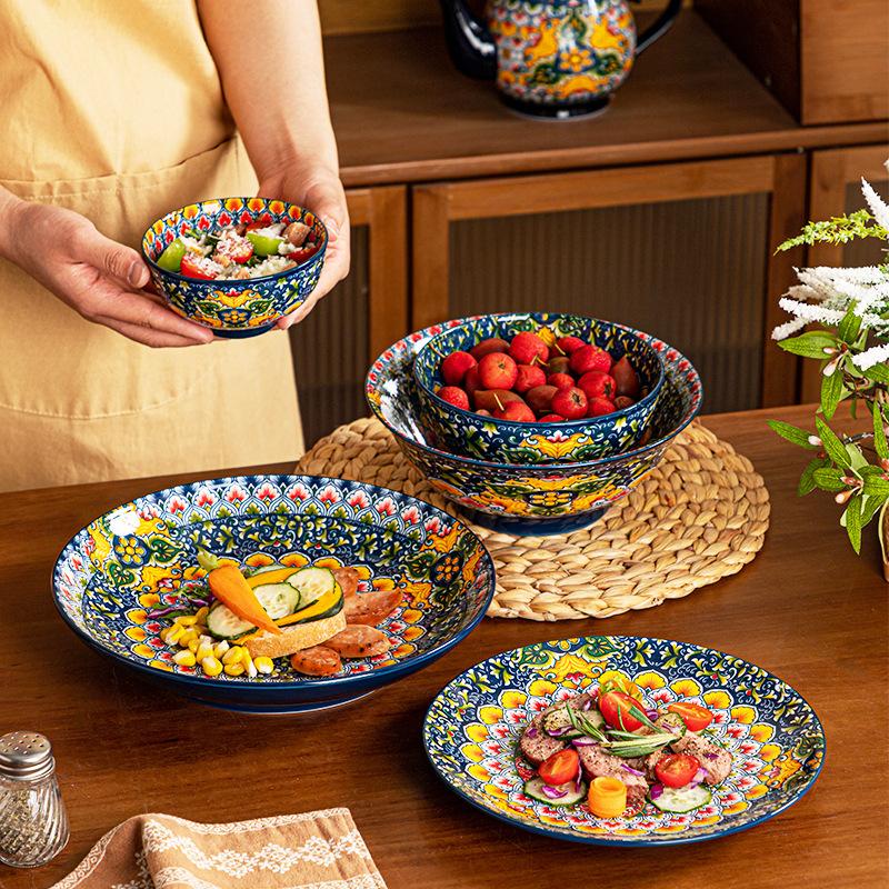 Bohemian Retro Dinnerware Set Salad Bowl Cutlery Ethnic Style Tableware for Home