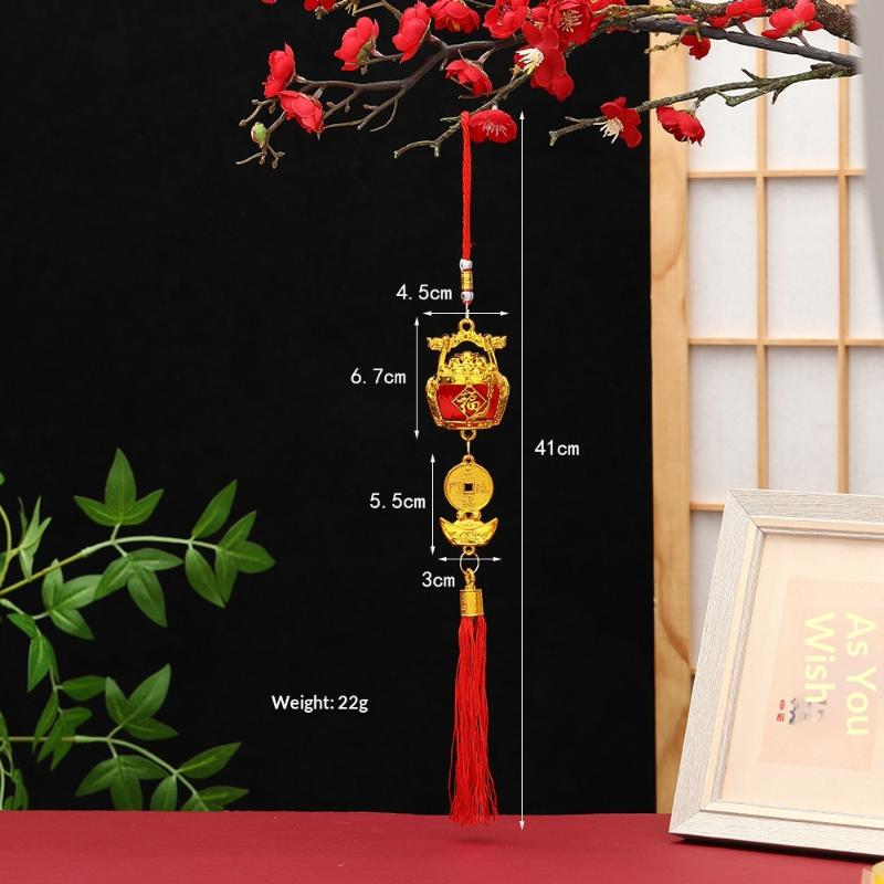Lunar New Year Lucky Hanging Ornament with Red Tassel Golden Charm Festive Portable Decor for Travel Hotel Room Spring Festival