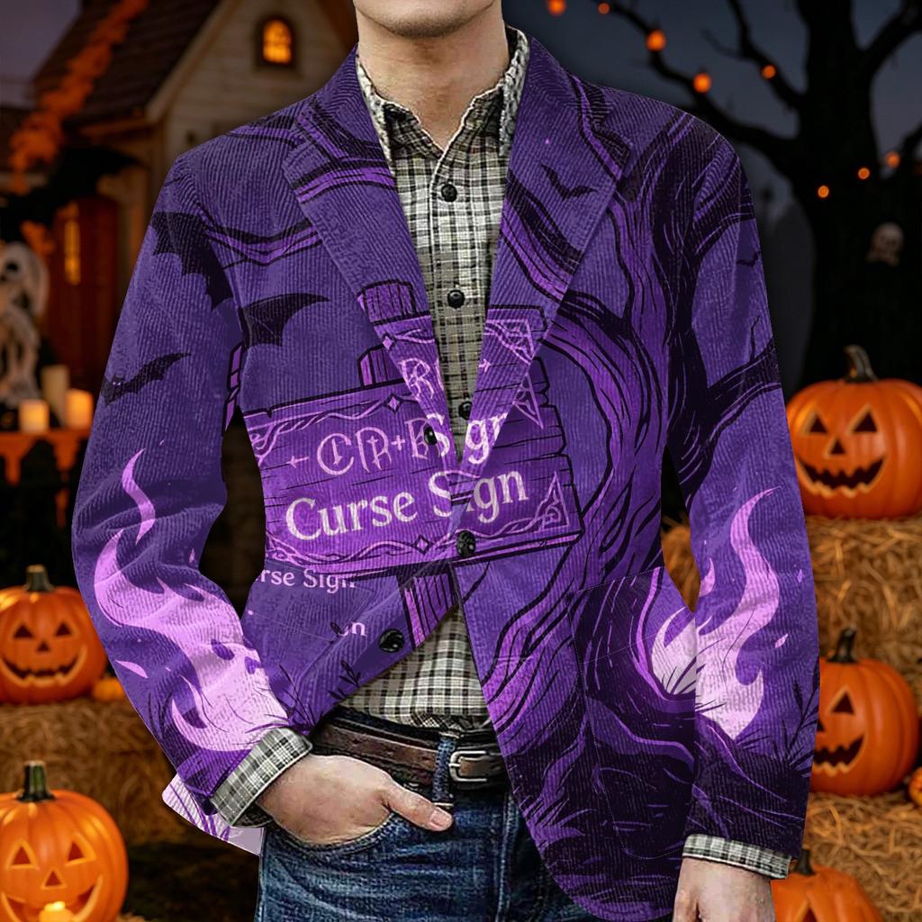 Men's Halloween Printed Corduroy Warm Blazer Jacket with Pockets Casual Suit Coat Button Front Corduroy Fabric Outerwear for Fall and Winter