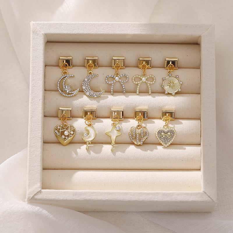 Zircon Star Moon Bow Knot Heart Gold Color Pendant Italian Charm Links Fit 9mm Stainless Steel Bracelet DIY Making for Men Women