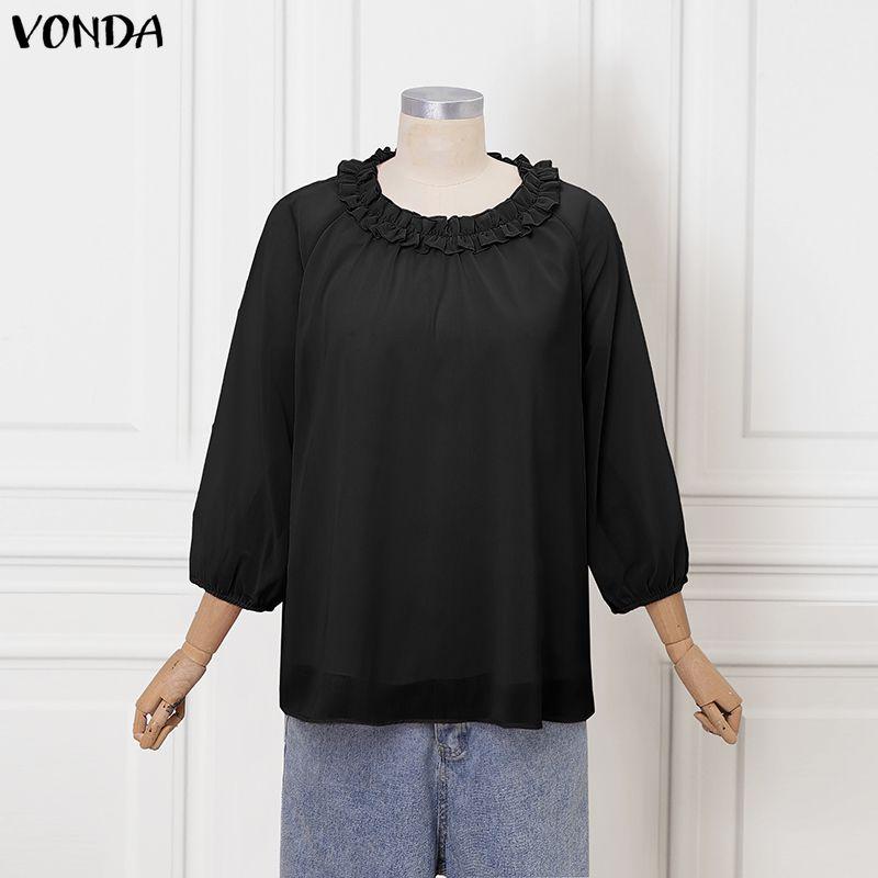 VONDA Women's Tops Casual Ruffle Neck Long Sleeve Pleated Layers Blouse