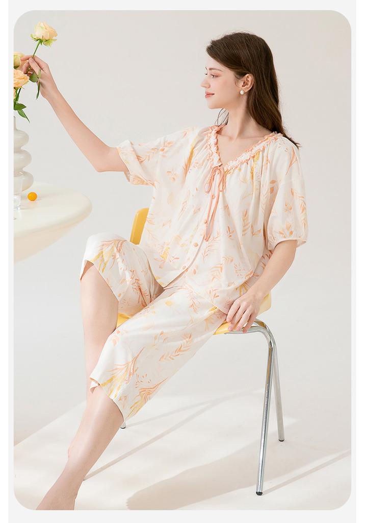 Fenteng [100% Cotton Outerwear] Summer New Lace V-neck Romantic Short Sleeved Seven Quarter Pants Pajamas Women's Home Wear
