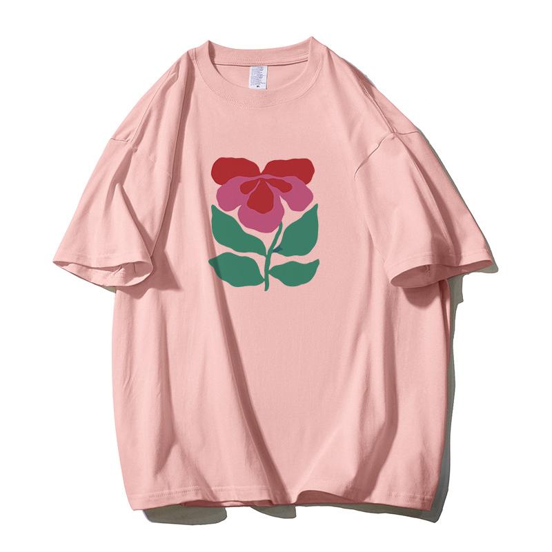 Shellsuning Krásné Květiny Tištěné Tričko pro Ženy Letní Nadměrné Ležérní O-výstřih Jednoduché Univerzální Dívčí Trička Základní Harajuku Pár Topy