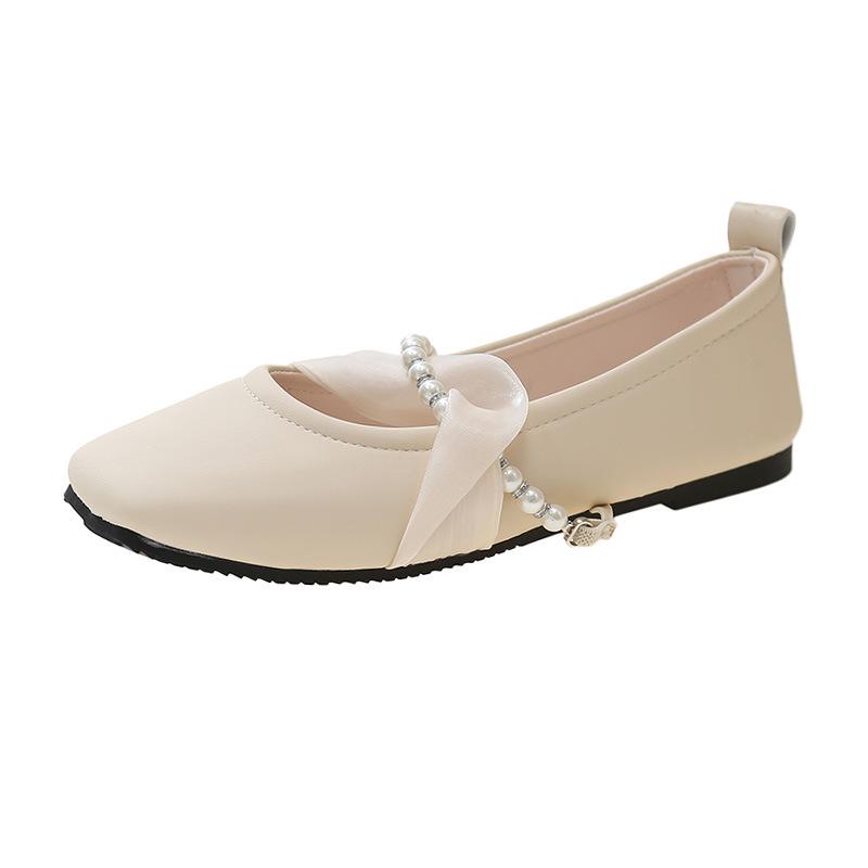 Flat-soled single shoes 2025 new Korean version shallow mouth square head versatile fairy style lace flat heel Mary Jane shoes grandma shoes