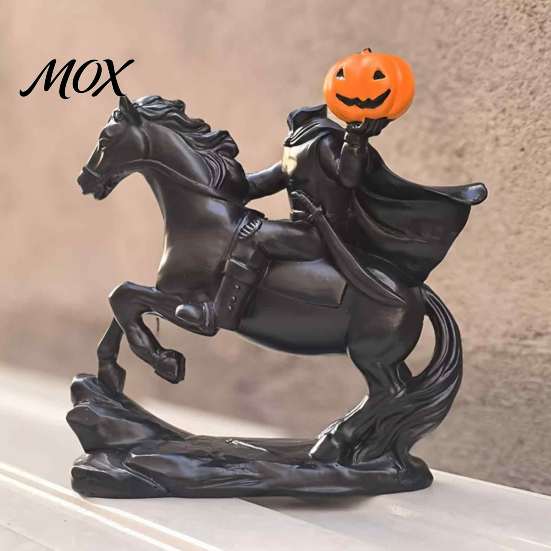 Horseman Riding Horse Statue Halloween Headless Statue, Gothic Knight Black with Window Display Props Pumpkin Lantern, Spooky Resin Festive Decor for