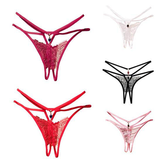 2Pcs Erotic Women Lace See Through Hollow Out Open Crotch G-String Underwear