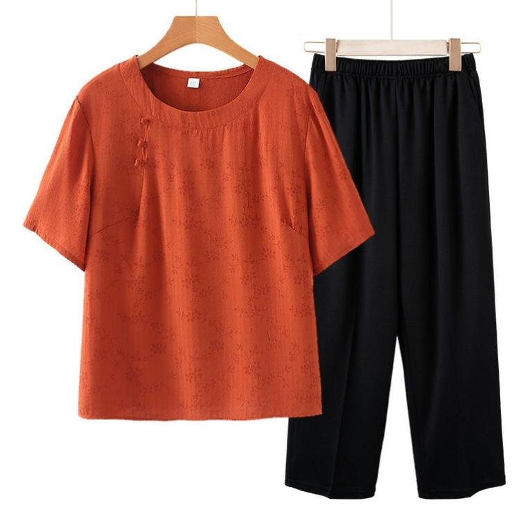 Sommerkleidung für Mütter, Chinesischer Stil, Nationaler Stil T-Shirt, Kleines Hemd Anzug, Westlicher Stil Damen Zweiteiler Anzug