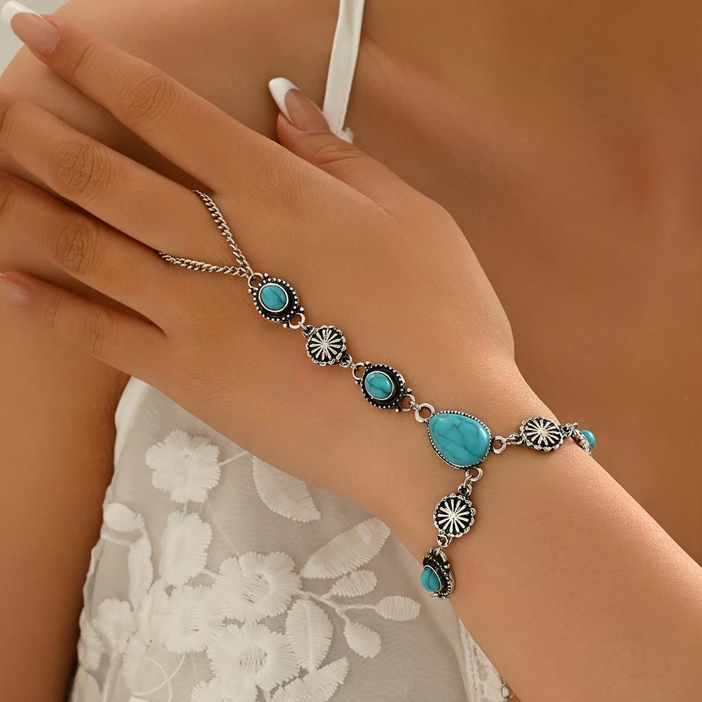Vintage Ethnic Summer Bohemian Design Bracelet for Women Trendy Oval Cracked Imitation Turquoise Chain Ring Party Jewelry