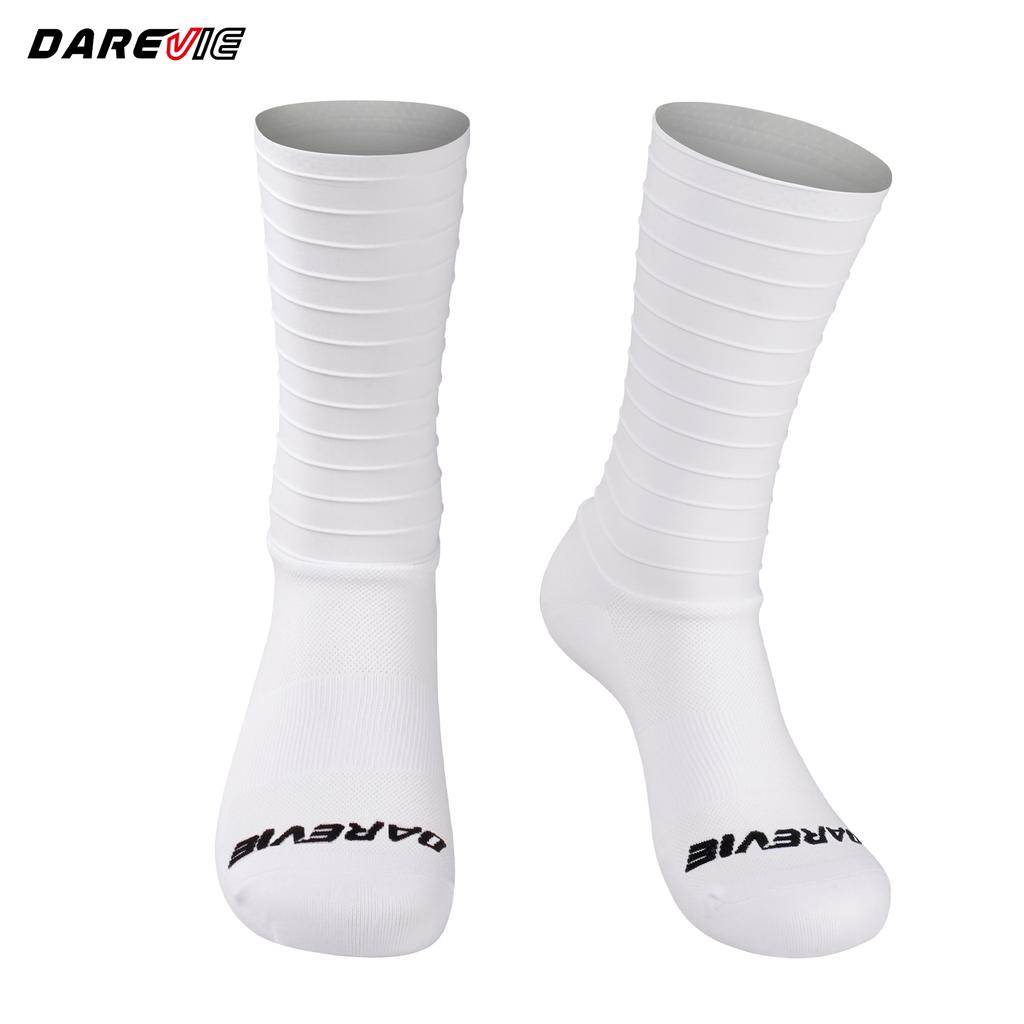 Darevie Custom White High Elasticity Cycling aero Striped Fabric Socks Cycle Sock Stretch Sublimated Cycling Socks