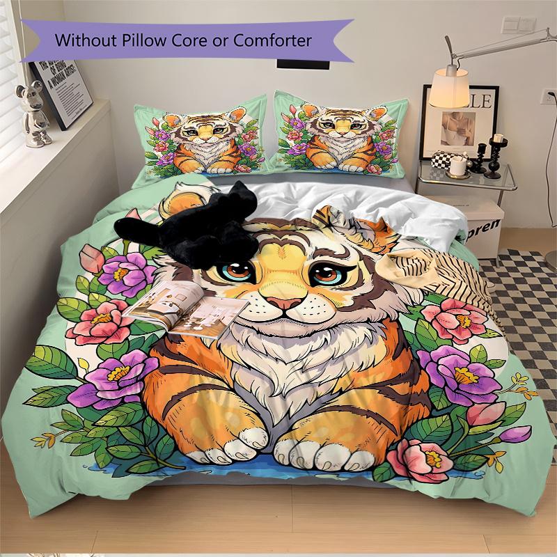 3pcs Cute Tiger Quilt Cover Set (1 Quilt Cover + 2 Pillowcases Without Pillow Core), High-Definition Printing for Home and Dormitory.L031
