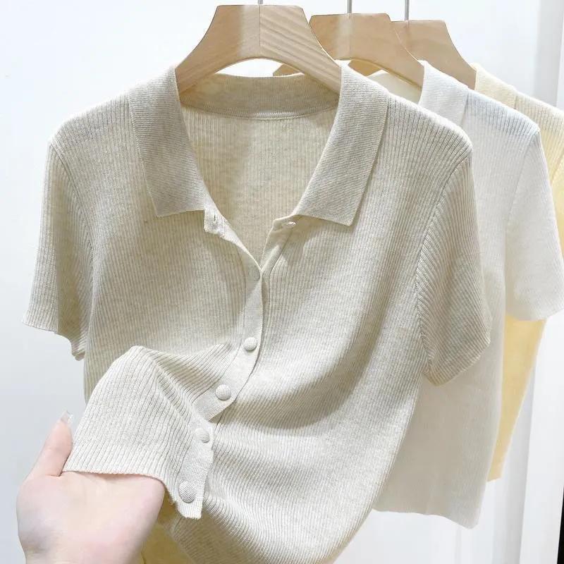 Summer Women Polo Collar Button Front Ribbed Knit Top S бежевый