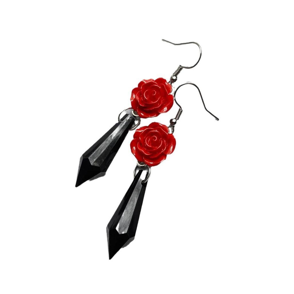 Cercei negri în formă de lacrimă în stil victorian cu trandafiri roșii