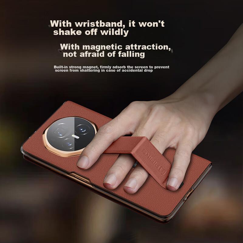 Pipiqiao Drop-Resistant WristbandCase for Honor Magic V3, Leather Foldable Screen Ultra-Thin Shockproof Magnetic Flip Smart View Window, Premium Gray