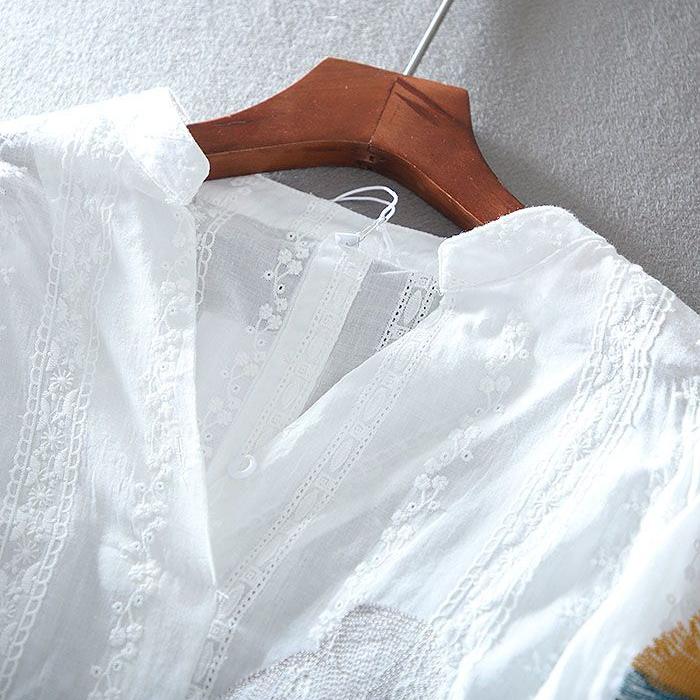 Summer Loose Cotton Blouse Lace V-neck Embroidered Balloon Sleeve Shirt Women's Top