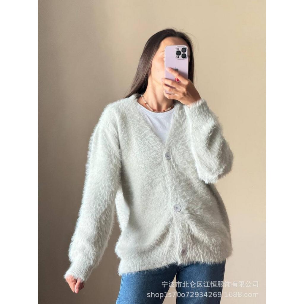 Knitted Cardigan for Women In Autumn, Loose V-neck Faux Mink Sweater, Soft and Thick Top