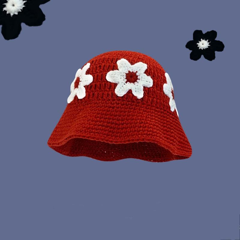New fresh flower handmade knitted wool hat female sweet versatile face small bucket hat plain face