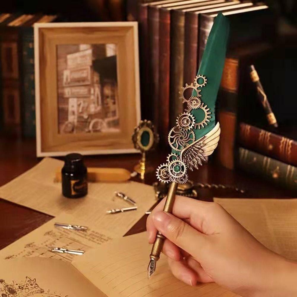 Replaceable 5 Nib Metal Signature Pen European Style Feather Pen  School Supplies