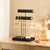 Tabletop Jewelry Display Stand Black Fabric Gold-Tone Holder with Necklace Bracelet Bars, Earring Rails, Ring Tray Base for Vanity Storage