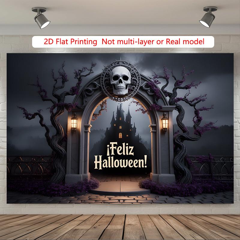 Party Backdrop Halloween Castle Flat Eerie Gothic Skull Archway Spanish Hanging Photo Background Decor Party Decor
