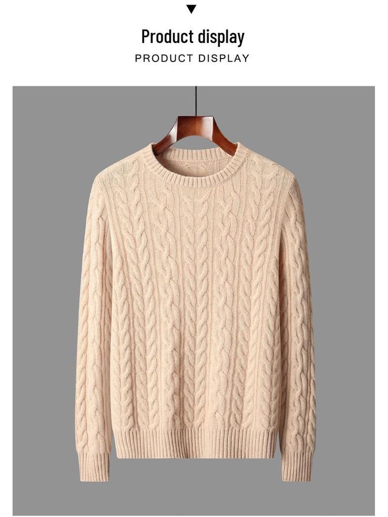Men's 100% Wool Pullover Sweater - Thick Cable Knit, Round Neck, 90s Style, Autumn/Winter Warmth