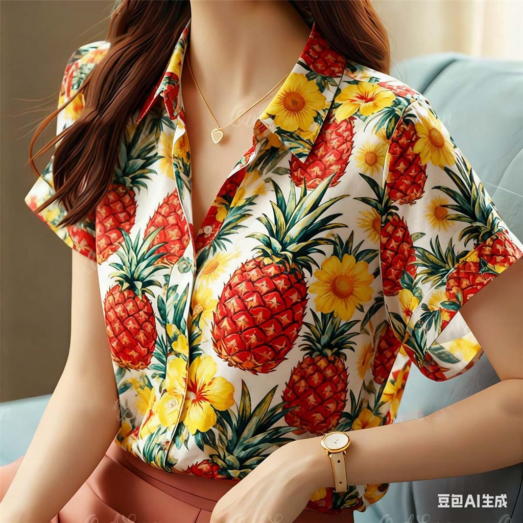 Hawaiian shirt - women s short sleeved casual oversized top XS