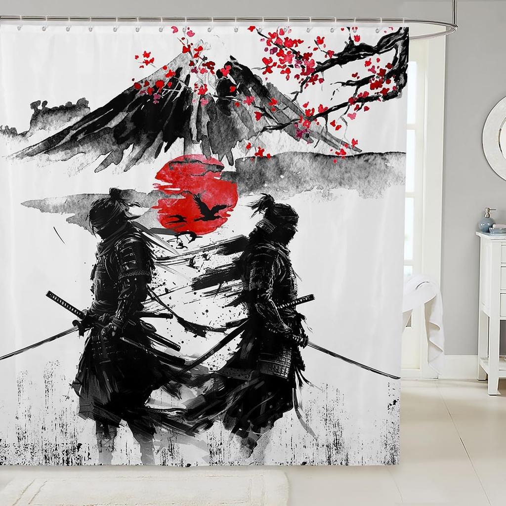 Japanese Samurai Bath Curtain Boys Girls  Landscape Shower Curtain for Kids Women Men Waterproof Sunset Bathroom Shower Curtain