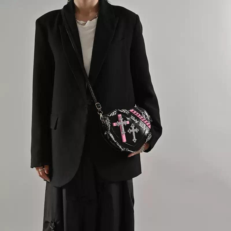 Ins Internet Celebrity Punk Style Cross-border Shoulder Crossbody Bag Women's Bag Trendy Cool Hot Girl Dark Gothic Style Rivet Heart Bag