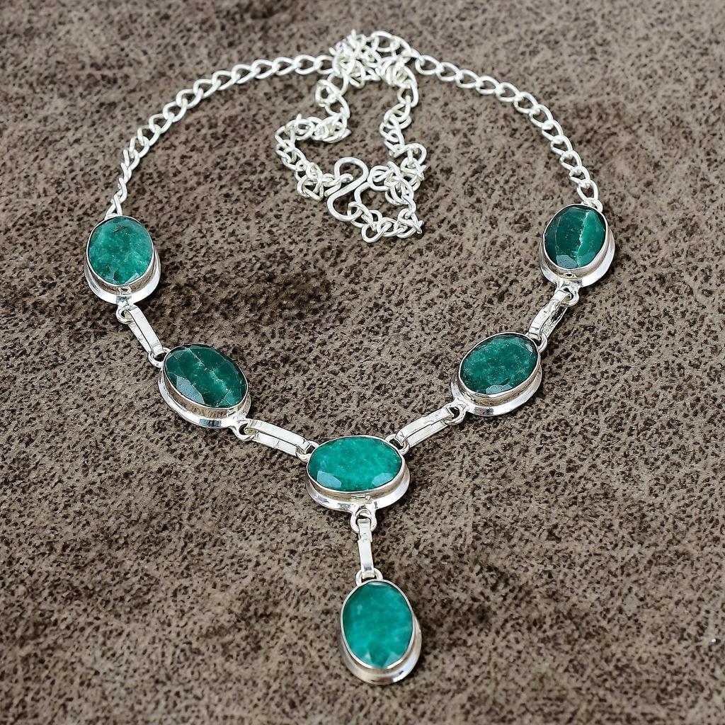 Green Jade Gemstone Handmade 925 Sterling Silver Jewelry Necklace 18" KKG-404