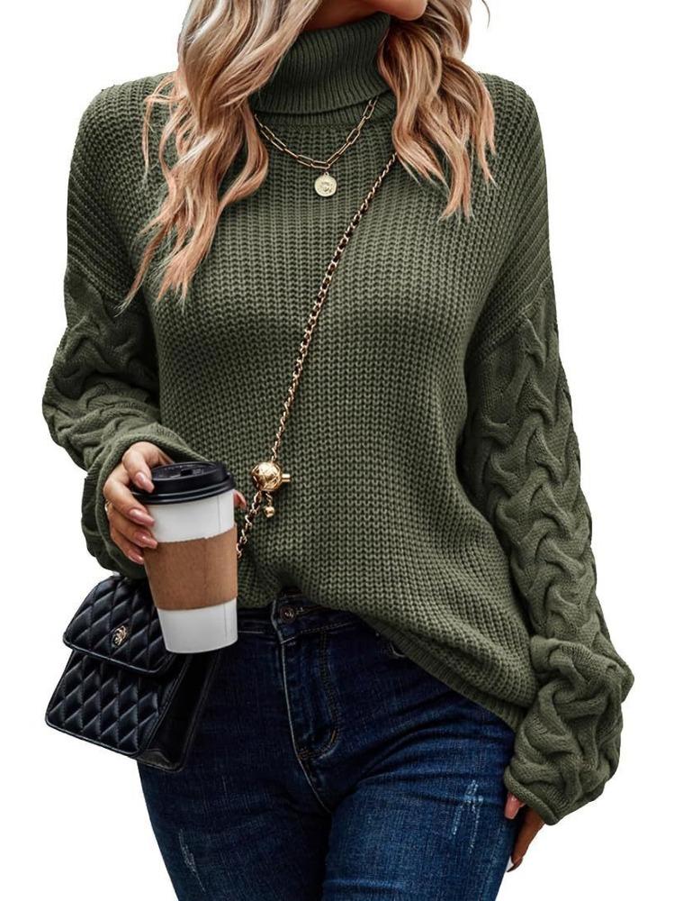 Sweater Fashionable High Neck Loose Cable Knit Long Sleeve Women's Knitted Top Luxurious Relaxed-fit Slimming and Versatile Top