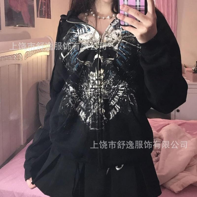 Womens Oversized Y2K Streetwear Hoodie With Digital Skull Print Zip-Up Loose Fit Sweatshirt Casual Outdoor Wear