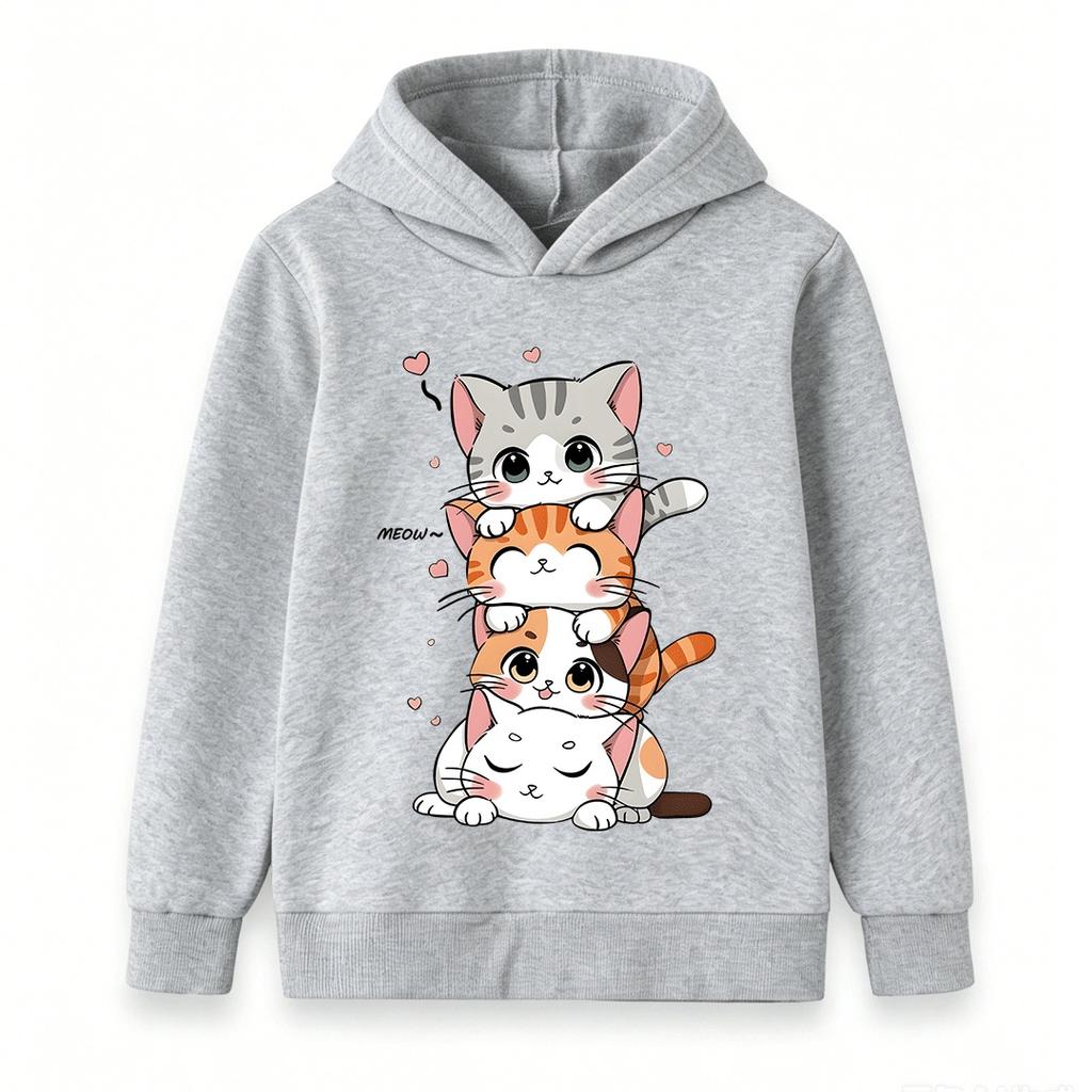 Kids Boys Girls Hoodie Cute Stacked Kitten Pattern Pullover Sweatshirt Casual Soft Long Sleeve Top for Children Daily Wear School Outdoor Activities