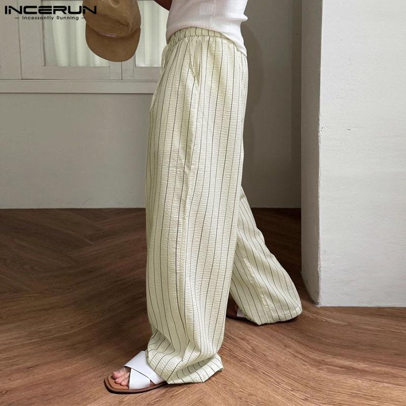 INCERUN Men Drawstring Casual Loose Elastic Waist Striped Wide Legs Pants Long Trousers