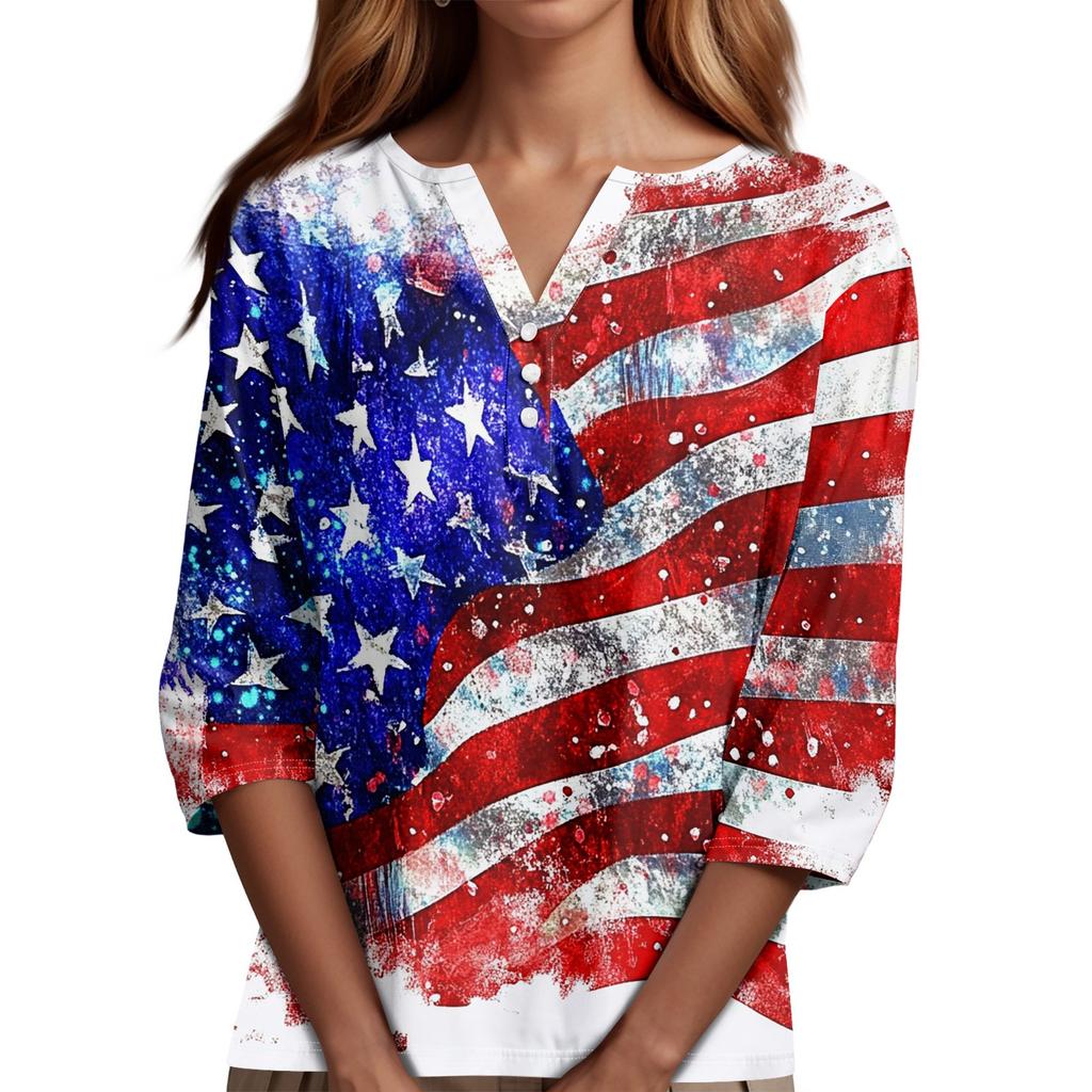 T-skjorte for kvinner T-skjorte med knapp 3/4 ermer Daglig helgmote Basic V-hals vanlig topp