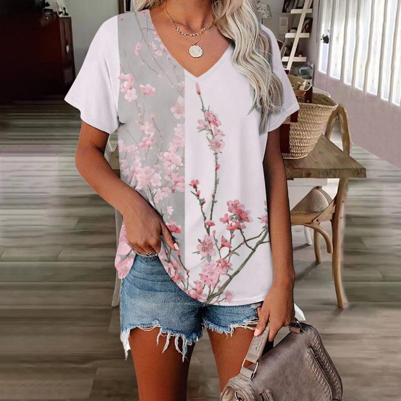 Blumen Damen V-Ausschnitt T-Shirt 3D-gedruckt Retro-Mode Casual bedruckte kurzärmlige Kleidung
