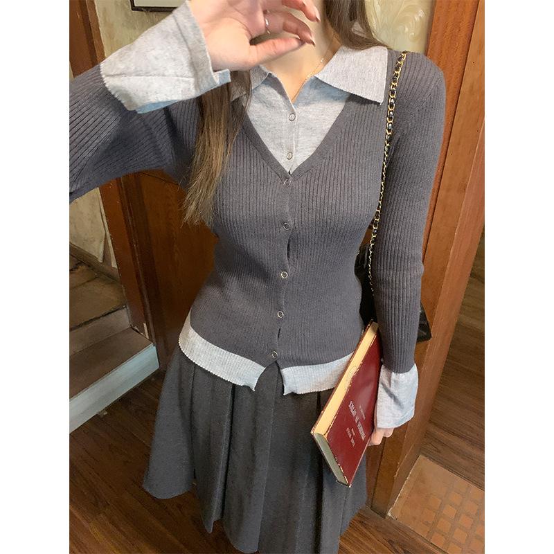 Fake Two-piece Patchwork Polo Lapel Knit Women's Bottom Shirt with A Unique Design Slim Top In Autumn and Winter