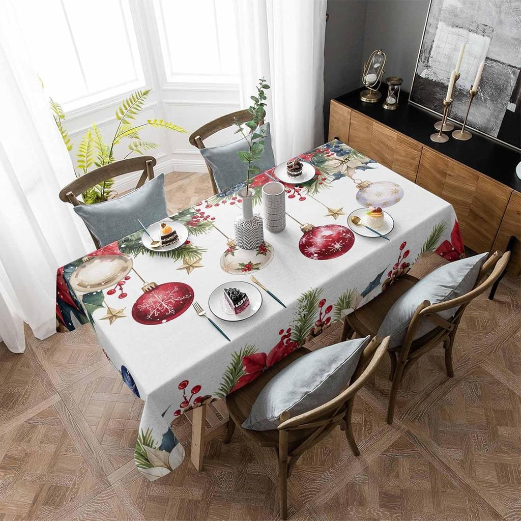 Weihnachts-Poinsettia-Beere Weihnachts-Kugel Wasserdichte Tischdecke für Tischdeko Winter Küche Esszimmer Tischdecke Weihnachtsdekoration