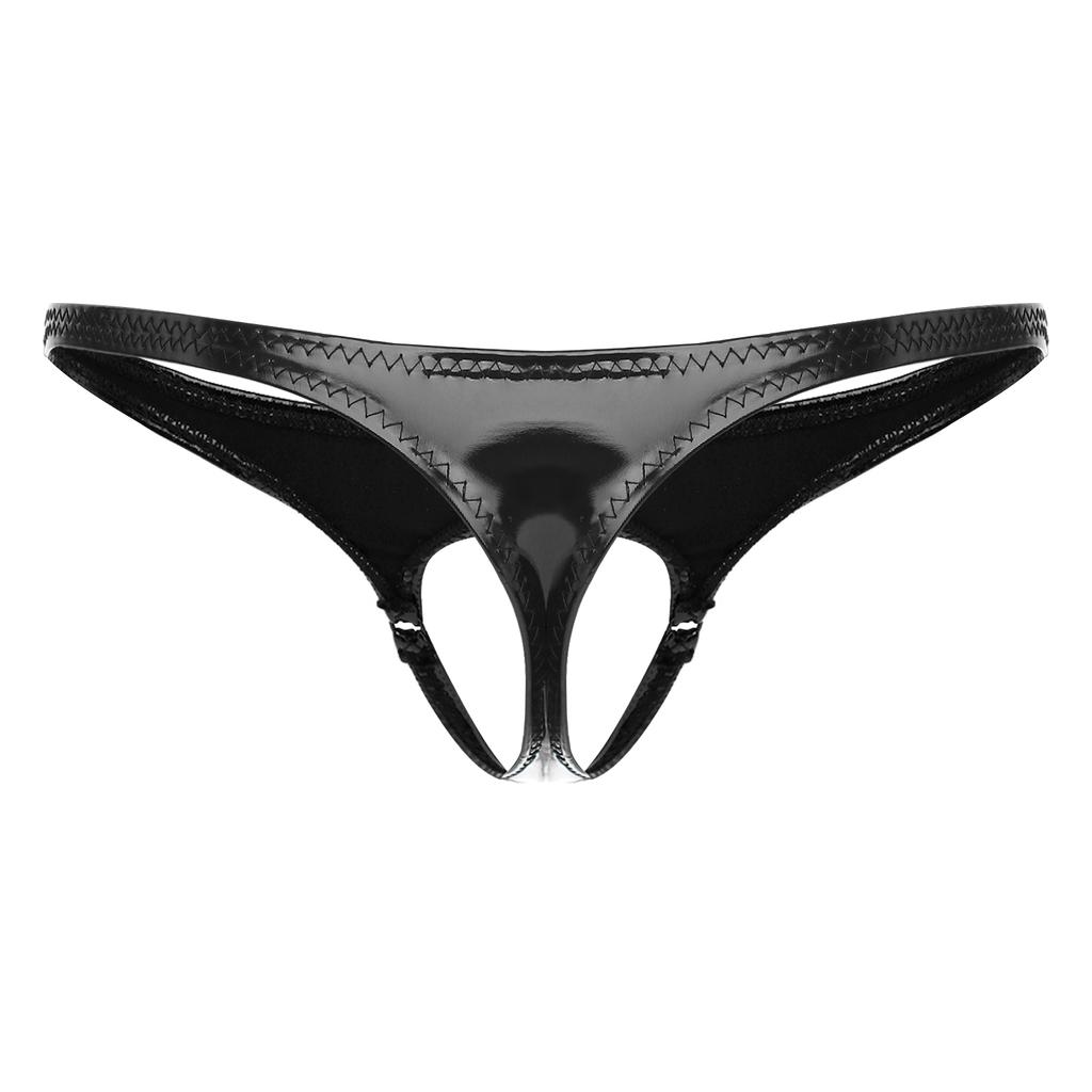 Mens Patent Leather Wet Look Hollow Out Front G-String Low Rise Elastic Waistband Thong Underwear