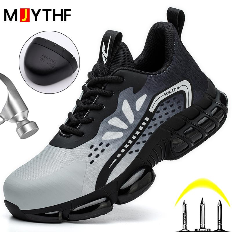 Mjythf New Men Work Sneakers Air Cushion Safety Shoes Anti Smashing Anti Stabbing Work Shoes Breathable Mesh Steel Toe Shoes
