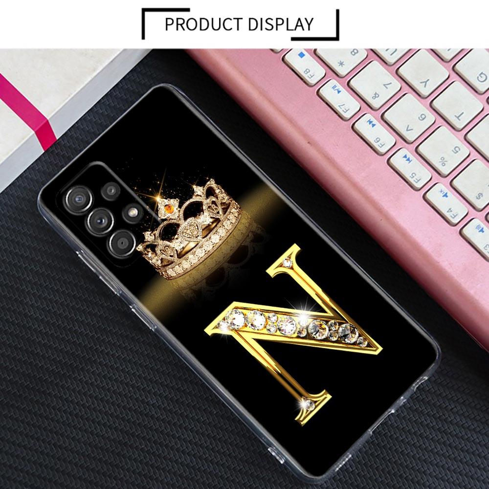 Diamond Crown Initials Letter N T Z P Case For Samsung Galaxy A55 A35 A06 A52 5G A53 A72 A53 A15 A51 A33 A32 A41 A23 Phone Cover
