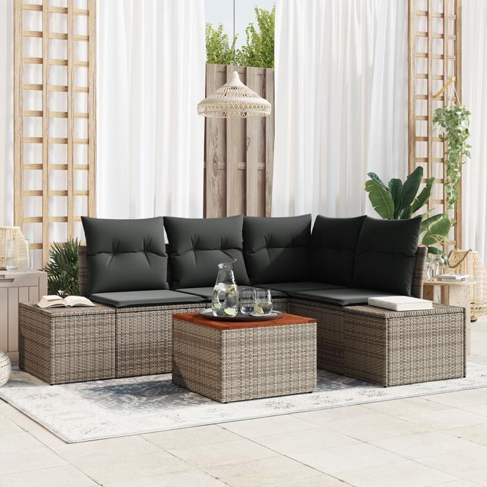 VidaXL Ensemble de 5 Pièces de Canapé de Jardin avec Coussins Gris Poly Rattan Acacia 3347951