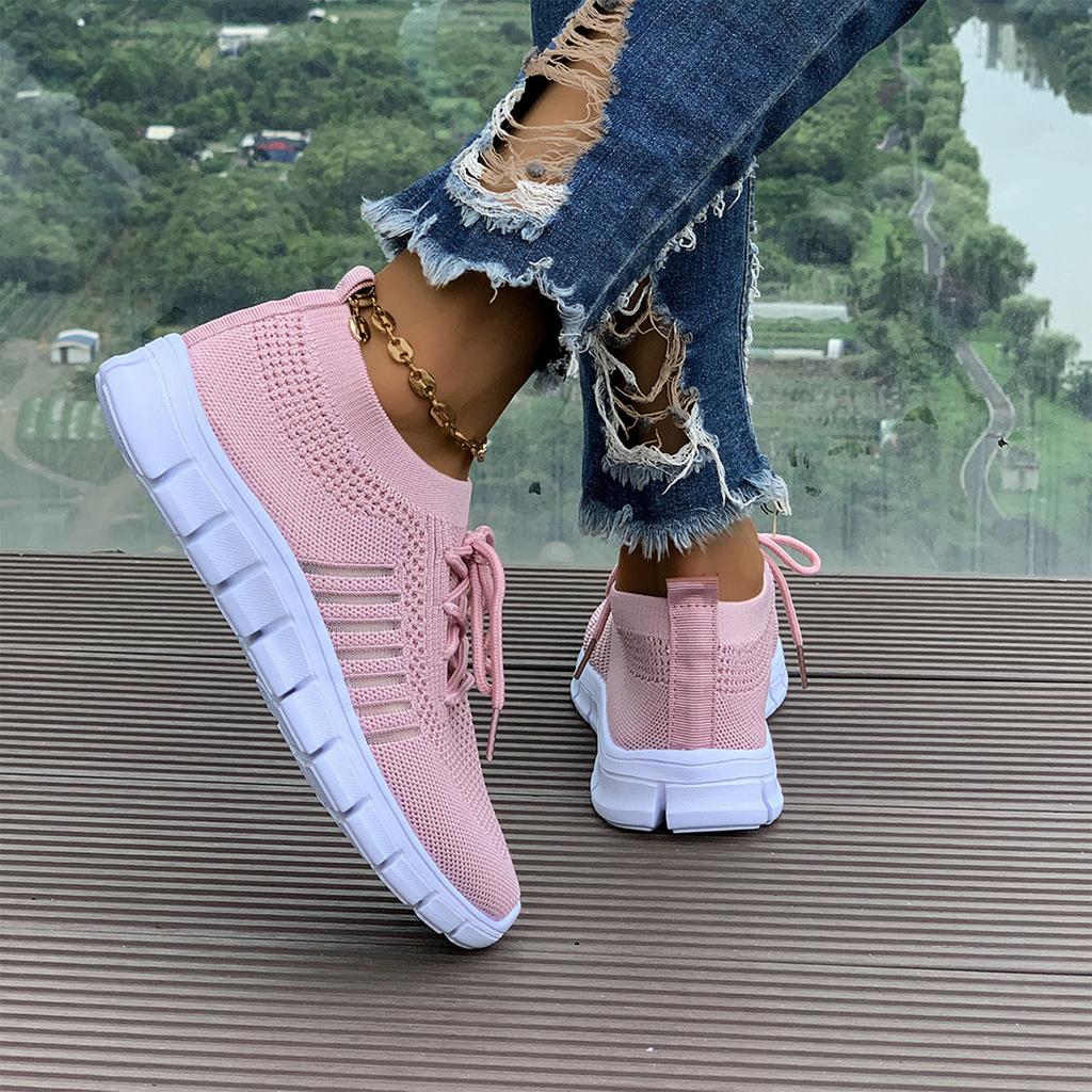 Women's Flyknit Mesh Breathable Athletic Shoes Low Cut Lace Up Platform Sole Casual Sneakers for Everyday Wear