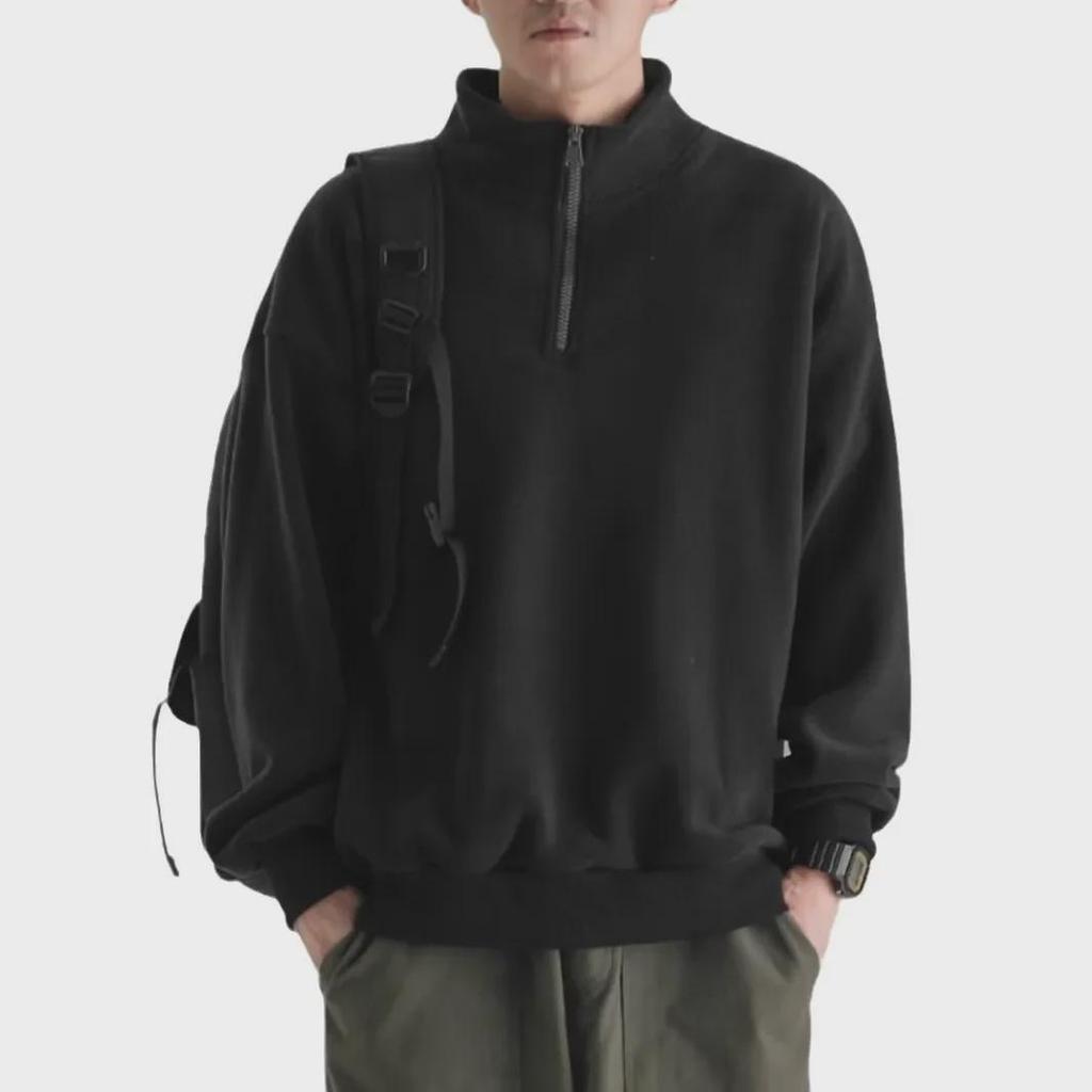 Herren-Sweatshirt im japanischen Retro-Stil mit halbem Reißverschluss und Stehkragen – doppelseitiger Samt, einfarbig für Frühling und Herbst.