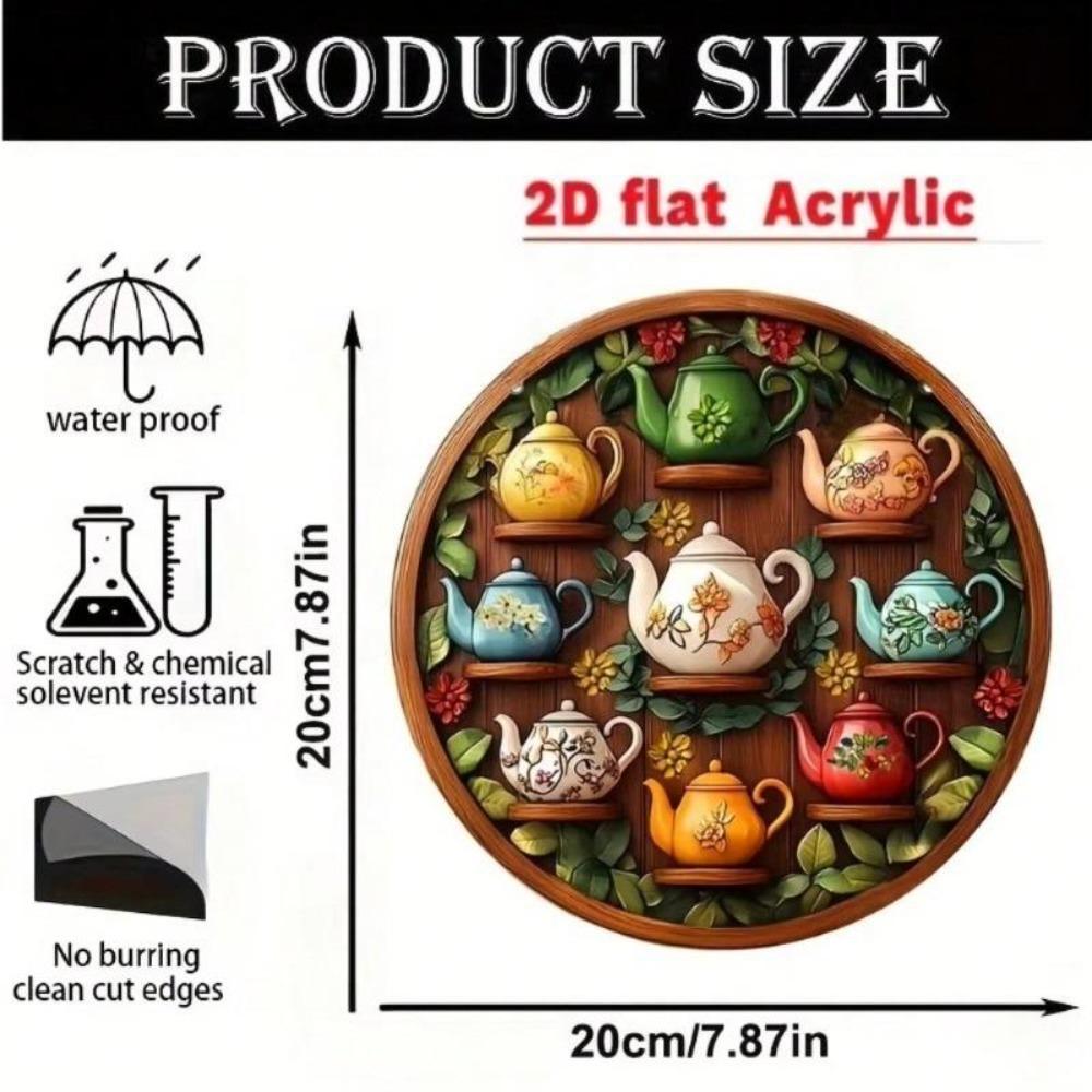 Bohemian Teapot Floral Wreath Round Metal Art 2D Flat Wood Sign Home Gift