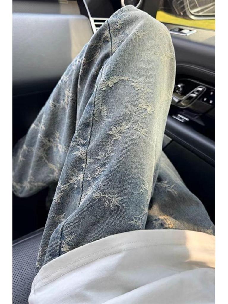 Women's Blue Jacquard Wide-Leg Jeans - Retro Spring Design with a Loose, Stylish Fit