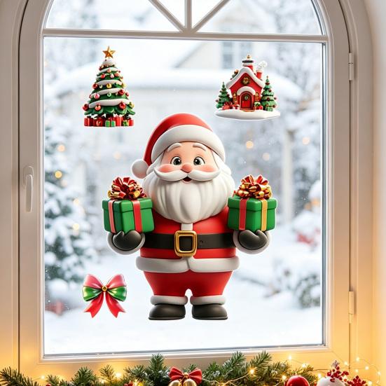 Static Cling Decals Christmas Window Clings, Reusable with Santa Snowman Snow Removable House Designs, Double Sided Glass Stickers for Holiday