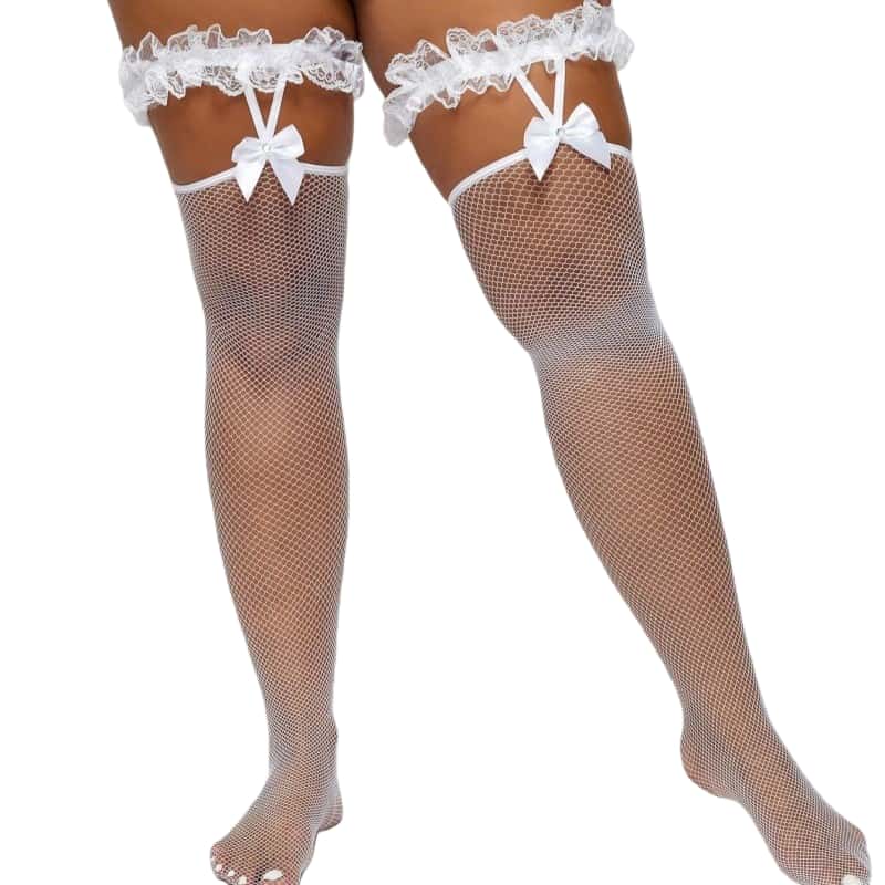 Black White Bow Lace Fishnet Long Socks Over Knee Sexy Lolita Girls Suspender Silk Thigh High Stockings Plus Size for Women XXXL