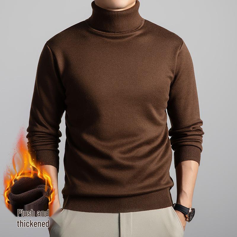 Men's Thick Velvet Wool Sweater - Machine Washable High Neck, Autumn/Winter, 550g Warm Base Layer