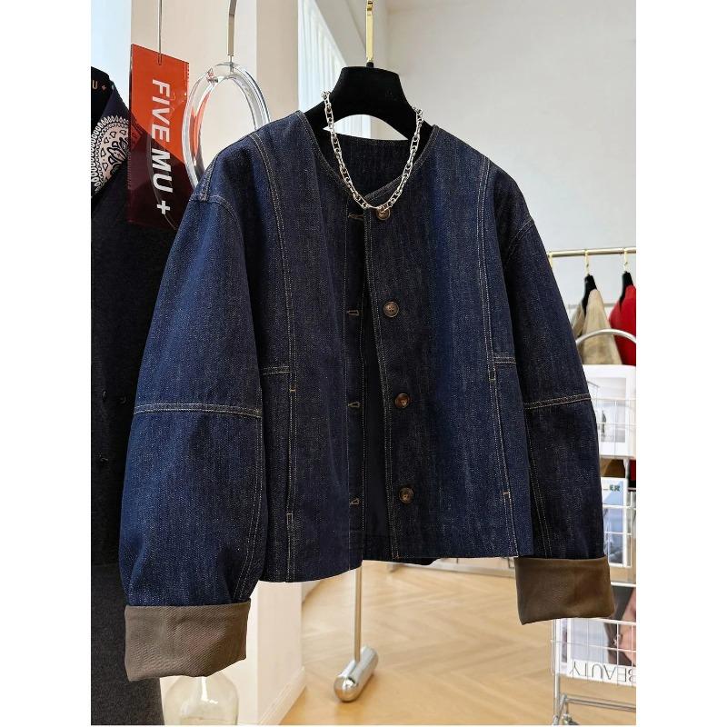 

Korean Style Casual Wear Unique and Chic Round Neck Denim Jacket for Women Autumn Short L темно-синього кольору