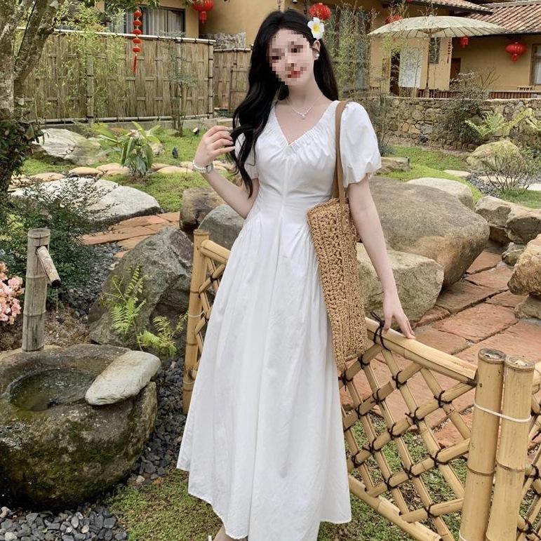 French First Love V-neck Lace-up Puff Sleeve A-line Dress - Women s Summer Waist-cinching Design S белый